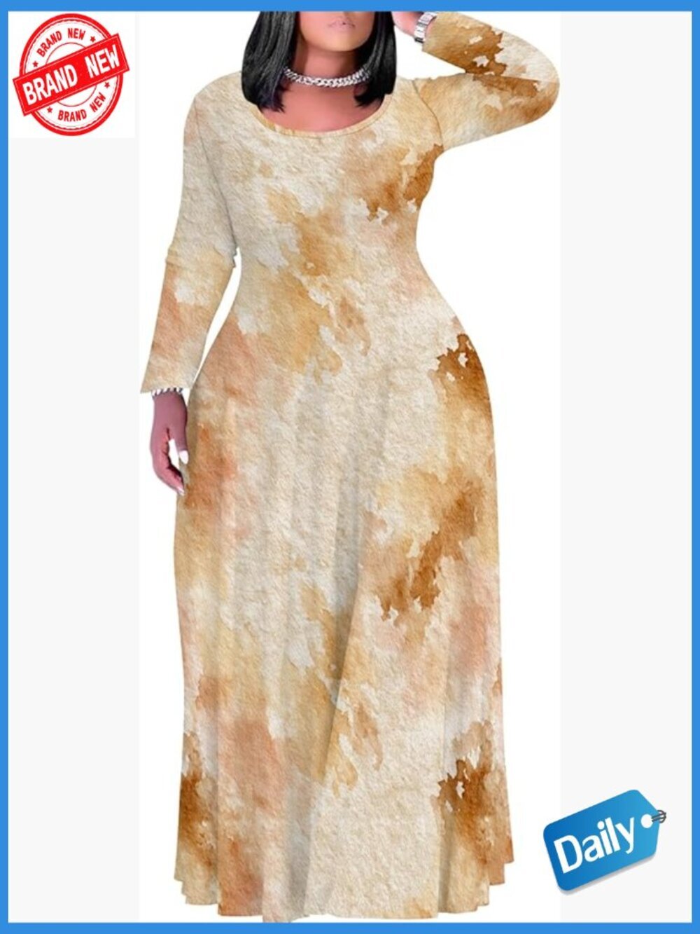 Plus Size Crew Neck Long Sleeve Maxi Dress with Pockets Casual Swing Dress